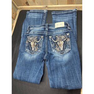 Miss Me Womens Distressed Blue Denim Jeans W26 Embellished Bull Low-Rise Bootcut